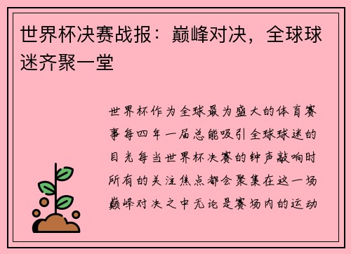世界杯决赛战报：巅峰对决，全球球迷齐聚一堂